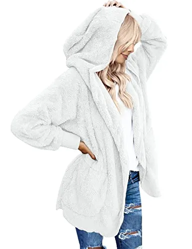 LookbookStore Fuax Fur Jacket Womans Fuzzy Sweaters for Women Cozy Fleece Warm Coat Winter Hoodie Outerwear White Jacket Cardigan Old Money Aesthetic Clothing Women Fall Size Large Size 12 14