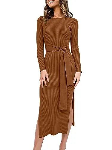 ANRABESS Long Sleeve Sweater Dress 2023 Fall Crewneck Long Sleeve Sexy Slim Fit Ribbed Knitted Holiday Bodycon Midi Dress with Side Slits and Belt 623hongzong-M Caramel