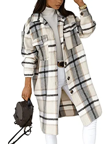 PUWEI Women's Long Flannel Plaid Jacket Shacket Cozy Lapel Button Down Shirt Jacket Fuzzy Trench Coat(1448-LightGrey-M)