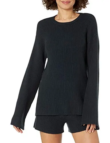 The Drop Women's Alice Crewneck Back Slit Ribbed Pullover Sweater, Black, L