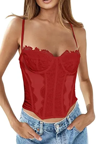 Dealmore Womens Fall 2023 Lace Bustier Mesh Sexy Vintage Spaghetti Strap Open Back Boned Corset Going Out Party Crop Top