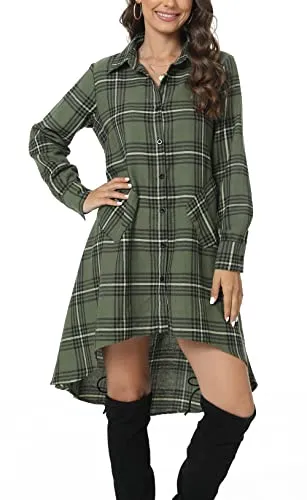 olrain Womens Plaids V Neck Long Sleeve Irregular Hem Casual Shirt Dress (Medium, Deep Green)