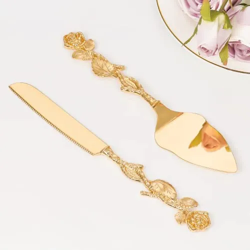 TUKDAK Cake Cutting Set for Wedding, Personalized Gold Cake Knife and Server Set, Custom Cake Serving Set, Engraved Pastry Pie Server Cake Pizza Cutter, Birthday Bridal Gift (F-Rose)