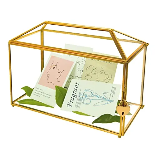 YIMORENCE V Gold Wedding Glass Card Box &ndash; 12.6 inch Large Wedding Card Holder Handmade Gold Glass Terrarium with Slot and Heart Lock