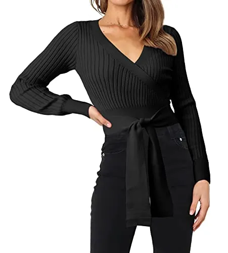 BTFBM Women Wrap Deep V Neck Cropped Sweaters Long Sleeve High Waist Tie Front Slim Fit Ribbed Knit Pullover Sweater Top(Solid Black, Small)