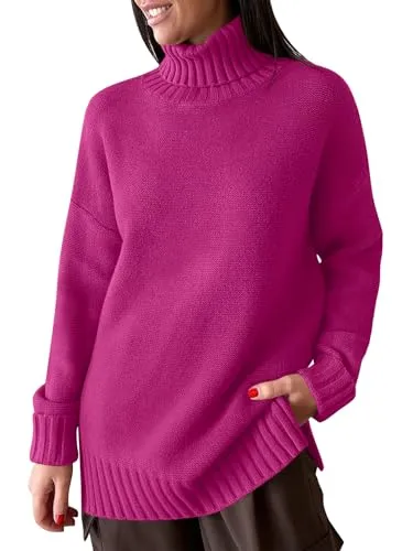ANRABESS Women's Fall Sweaters Oversized Turtleneck Long Sleeve Split Hem Chunky Cable Knit Casual Loose Pullover Comfy Sweater Tops 2023 Fashion Clothes 1265yanmeihong-XL Hot Pink