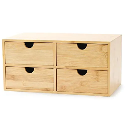 Wisuce 100% Original Bamboo Desk Organizer - Mini Bamboo Desk Drawer Tabletop Storage Organization Box for Office Replica Luxury Handbag Toiletries Supplies, No Assembly Required (4 Drawer)
