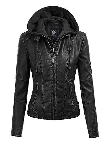 Lock and Love LL WJC1044 Womens Faux Leather Quilted Motorcycle Jacket with Hoodie S BLACK