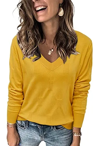 Arach&Cloz Women's Spring Fall Tops Fashion 2023 V Neck Long Sleeve Pullover Jumper Knitted Casual Sweater (Yellow, Medium)
