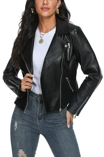 Fahsyee Women's Leather Jackets, Faux Motorcycle Plus Size Moto Biker Coat Short Lightweight Vegan Pleather Fashion, Black, XL