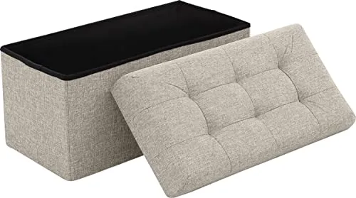 Ornavo Replica Luxury Handbag Foldable Tufted Linen Large Storage Ottoman Bench Foot Rest Stool/Seat - 15" x 30" x 15" (Beige)