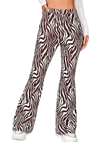Flare Leggings for Women - Rave Pants 70s Zebra Stripe Print Elastic Palazzo High Waisted Bell Bottoms Yoga Pants (Brown, S, 1091a)