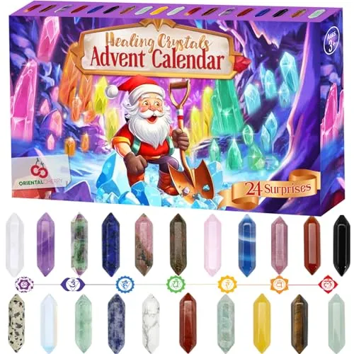 Advent Calendar 2023-24 Days of Crystals and Healing Stones Kit with Crystal Necklace Holder, Magnifier, and Storage Bag - Christmas Countdown Gifts for Girls Boys Kids Adults and Teenagers