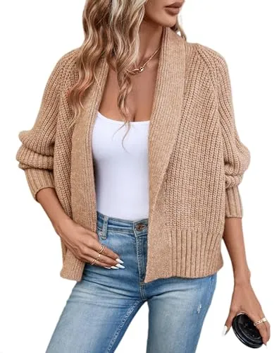 Yingkis Women's Cardigan Sweaters Fall Winter Open Front Batwing Long Sleeve Shawl Neck Chunky Knit Loose Outwear Coats,Camel M