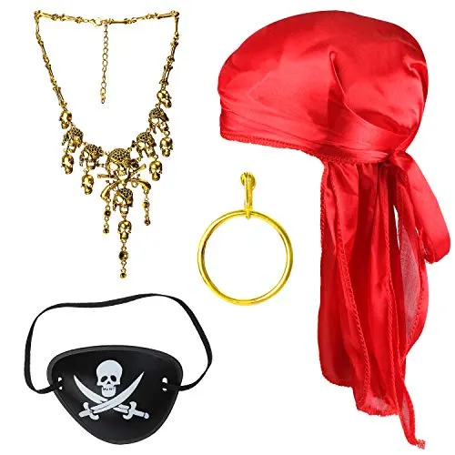 Beelittle Halloween Pirate Costume Accessories Durag Long-Tail Headwraps Silky Pirate Cap&nbsp;Pirate Eye Patch Gold Earring Necklace Pirate Role Play Set (Red 2)