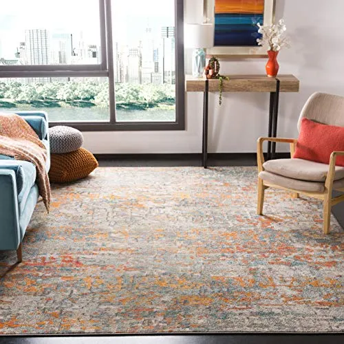 SAFAVIEH Madison Collection Area Rug - 9' x 12', Grey & Orange, Modern Abstract Design, Non-Shedding & Easy Care, Ideal for High Traffic Areas in Living Room, Bedroom (MAD460F)