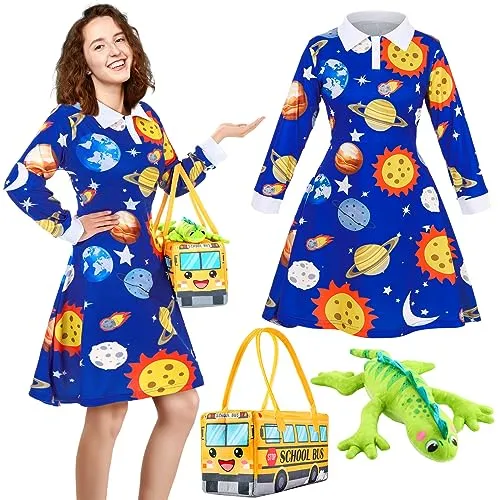 3 Pcs Women Halloween Costume Set Vintage Long Sleeve Dress with School Bus Bag for Role Party (Planet Print Blue,Medium)