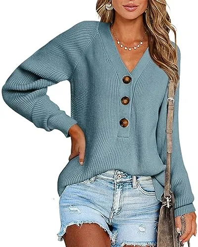 BTFBM Long Sleeve V Neck Button Down Sweater Solid Color Ribbed Knit Sweater Casual Relaxed Fit Pullover Loose Jumper (Solid Grey Blue, Large)