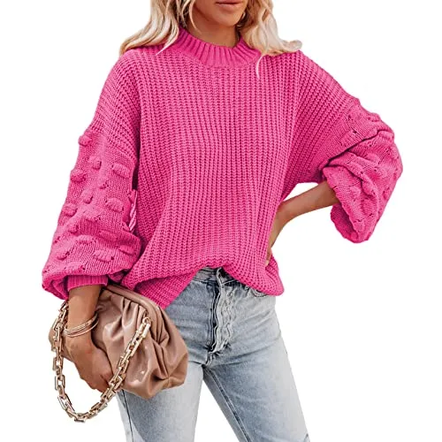 Sovoyontee Women's Hot Pink Casual Long Puff Sleeve Oversized Crewneck Chunky Cable Knit Pullover Sweater S