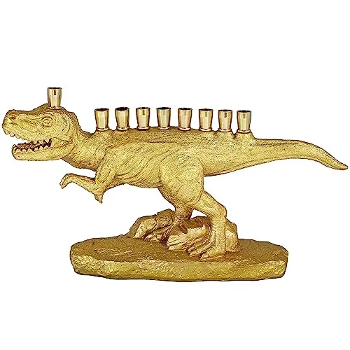 Zion Judaica Polyresin Dinosaur Hanukkah Menorah (Gold) with Brass Cups