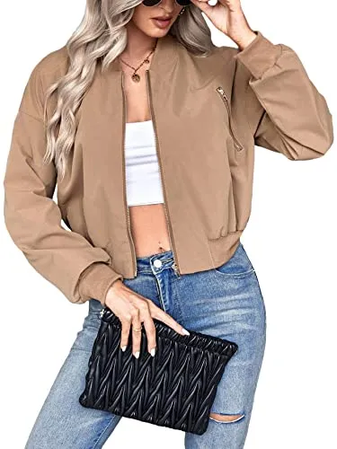 MakeMeChic Women's Casual Drop Shoulder Long Sleeve Zip Up Bomber Jacket Outerwear Khaki S