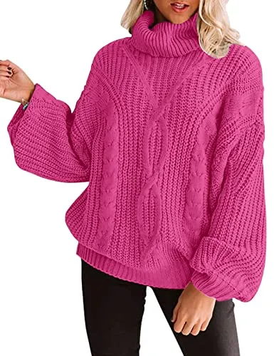 ZESICA Women's 2023 Fall Long Sleeve Turtleneck Chunky Knit Loose Oversized Sweater Pullover Jumper Tops,Rose,Small