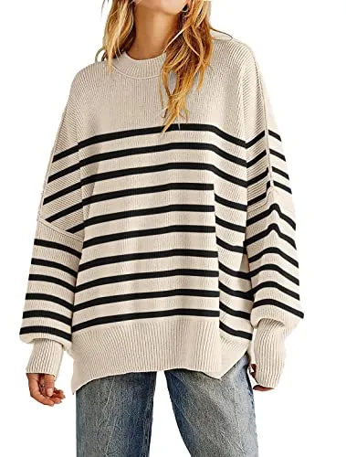 Women's Oversized Crewneck Sweaters Batwing Long Sleeve Side Slit Ribbed Knit Pullover Sweater Tops