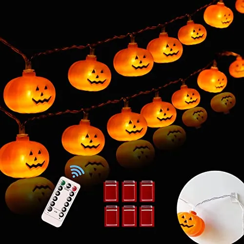 Halloween Lights,20FT 40 LEDs Halloween String Lights,LED Pumpkin Lights, Holiday Lights for Outdoor Decor,Battery Operated 8 Mode Waterproof Pumpkin String Lights for Halloween Party Decorations