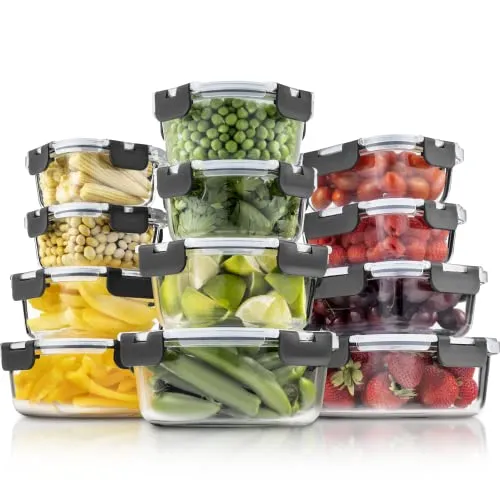 FineDine Superior Glass Food Storage Container - Newly Innovated Hinged BPA-free Locking lids - 100% Leakproof Glass Meal-Prep Containers - 24 Piece