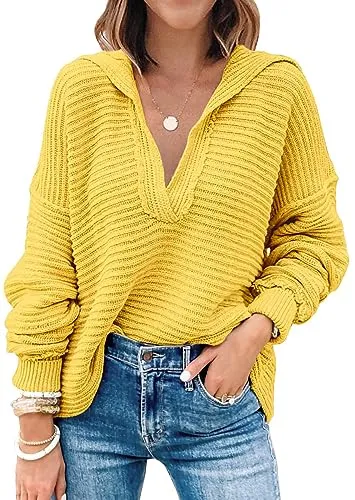 LILLUSORY Women's Yellow Sweaters V Neck Oversized Long Sleeve Batwing Collared Tunic Batwing Knitted Pullover Sweater Tops