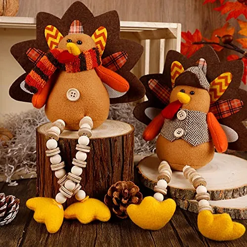 Biswing Thanksgiving Decoration Tabletop Standing Turkey Couple with Dangling Legs, 2 Pack Plush Stuffed Turkeys Shelf Sitters Figurine Gift for Autumn Fall Harvest Halloween Replica Luxury Handbag Table Decorations