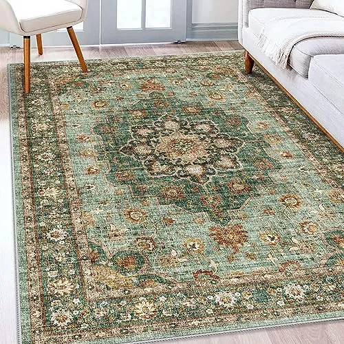 TOPRUUG Washable Oriental Area Rug - 5x8 Rugs for Living Room Soft Carpet for Bedroom Waterproof Floral Distressed Indoor Stain Resistant Non-Shedding Floor Carpets (Green, 5x8)
