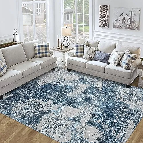 Area Rug Living Room Rugs: 5x7 Washable Rug with Anti-Slip Backing Non-Shedding Stain-Resistant Foldable Modern Abstract Carpet for Bedroom Dining Room Nursery Replica Luxury Handbag Office (Blue)