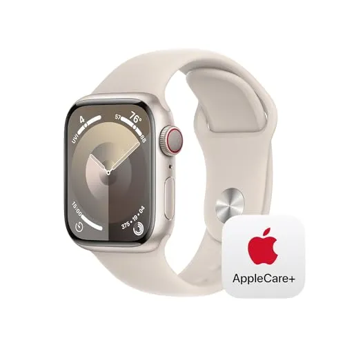 Apple Watch Series 9 (GPS + Cellular 41mm) Smartwatch with Starlight Aluminum Case with Starlight Sport Band S/M with AppleCare+ (2 Years)
