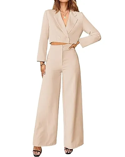 PRETTYGARDEN Women 2 Piece Sets Lapel V Neck Short Blazer Jackets Wide Leg Pant Suits Dressy Work Jumpsuits for Office(Solid Beige,Medium)