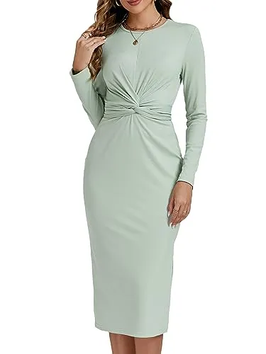 Umenlele Women's Long Sleeve Crewneck Twist Front Tie Back Split Bodycon Pencil Ribbed Cocktail Party Midi Dress Light Green Medium