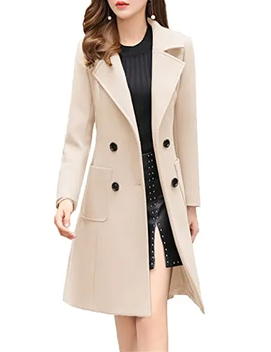 Bankeng Women Winter Wool Blend Camel Mid-Long Coat Notch Double-Breasted Lapel Jacket Outwear (Cream White,M)