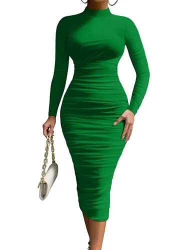 LAGSHIAN Women's Cocktail Bodycon Long Sleeve Mock Neck Mesh Ruched Midi Party Dress Green