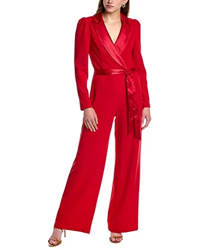 Adrianna Papell Women's Knit Crepe Tuxedo Jumpsuit, Haute Red, 8
