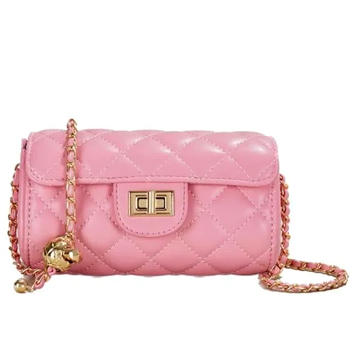 KACAINJOY Pink Soft Leather Small Crossbody Bags Purses Belt Bag for Women Quilted Chain Shoulder Bag Lady Casual Lattice Handbag