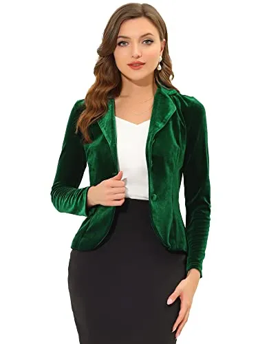 Allegra K Women's Suit Jacket Notched Lapel Halloween Long Sleeve Office Business Button Velvet Blazer Large Dark Green