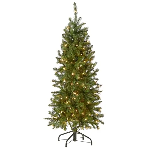 National Tree Company Artificial Pre-Lit Slim Christmas Tree, Green, Kingswood Fir, White Lights, Includes Stand, 4.5 Feet