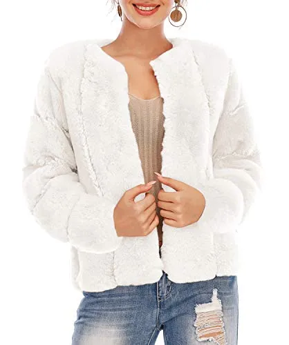BerryGo Women's Long Sleeve Open Front Fuzzy Faux Fur Coat White S