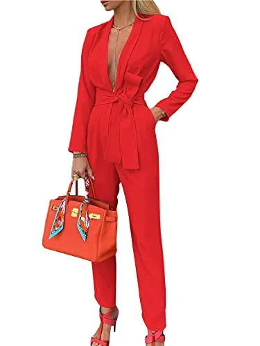LYANER Women's Deep V Neck Shawl Collar Long Sleeve Pant with Pockets Waist Tie Romper Blazer Jumpsuit #Red Small