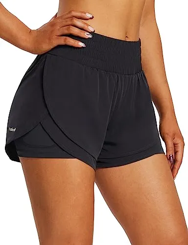 BALEAF Women's Workout Running Shorts 2 in 1 Spandex High Waisted 3" Athletic Shorts with Liner Pockets Black M