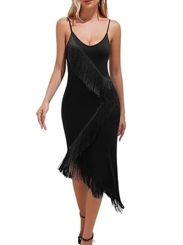 ZAFUL Women Spaghetti Strap Sexy V Neck Fringe Tassels Irregular Hem Slit Bodycon Prom Party Cocktail Formal Dress Black M