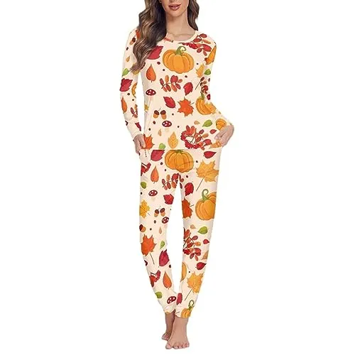 Hechitok Thanksgiving Leaf Pumpkins Thanksgiving Pajamas Set for Womens, Cute Noghtwear Soft Lounge Sets Sweatsuits for Women Set 2 Piece for Thanksgiving Decorations