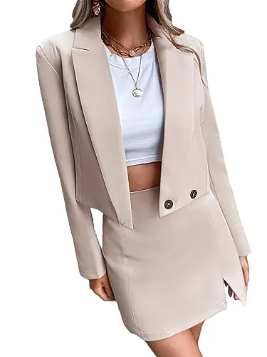 Floerns Women's 2 Piece Skirt Sets Lapel Neck Double Button Blazer and Solid Mini Skirt Beige M