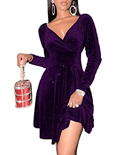 Sexyasasii Wrap Dress for Women Long Sleeve V Neck Glitter Velvet Party Cocktail Vintage Replica Luxury Handbagcoming Valentines Birthday Dresses for Women(Purple,M)