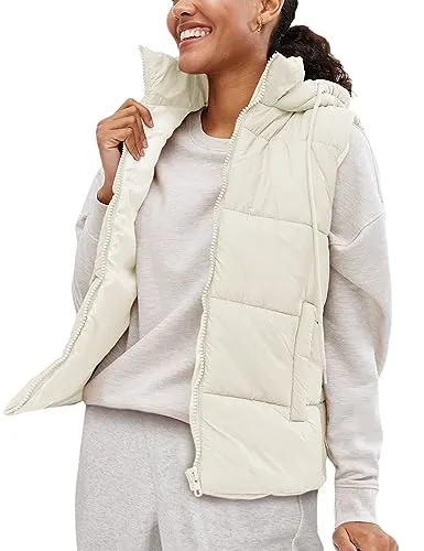 Lentta Women's Sleeveless Quilted Winter Warm Hooded Puffer Vest Padded Gilet Coat(Beige-S)